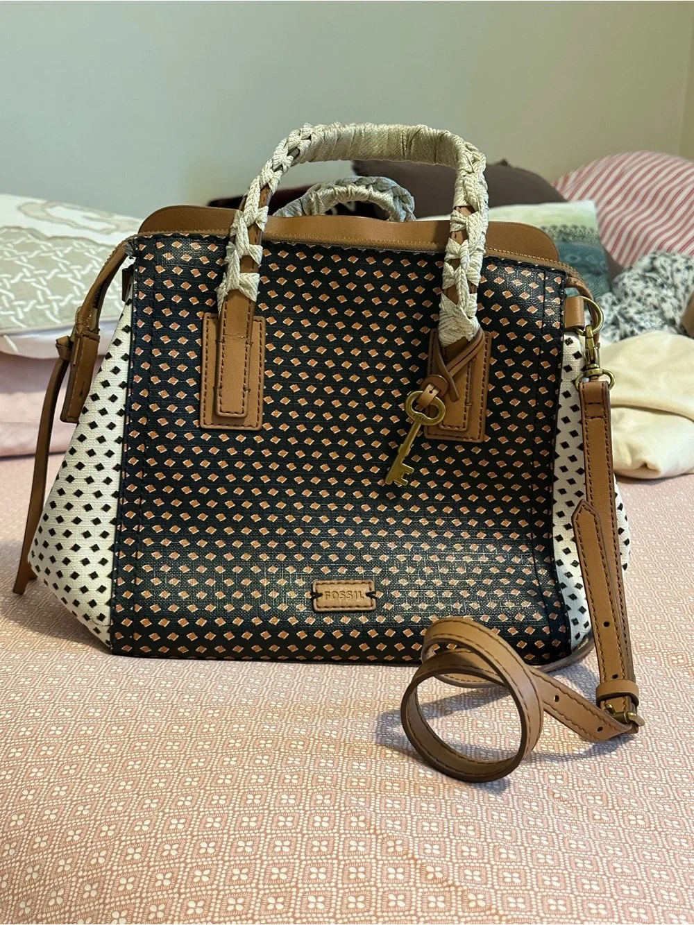 Fossil Black and Tan Patterned Satchel with White Sides